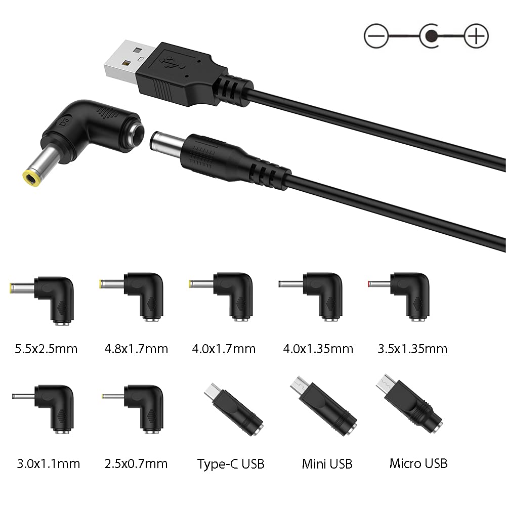 LIANSUM - Cable de alimentación USB a CC de 5 V, cable de carga universal de 5,5 x 2,1 mm con 10 puntas de conector (5,5 x 2,5, 4,8 x 1,7, 4,0 x 1,7, 4,0 x 1,35, 3,0 x 1,1, 2,5 x 0,7, micro USB, tipo