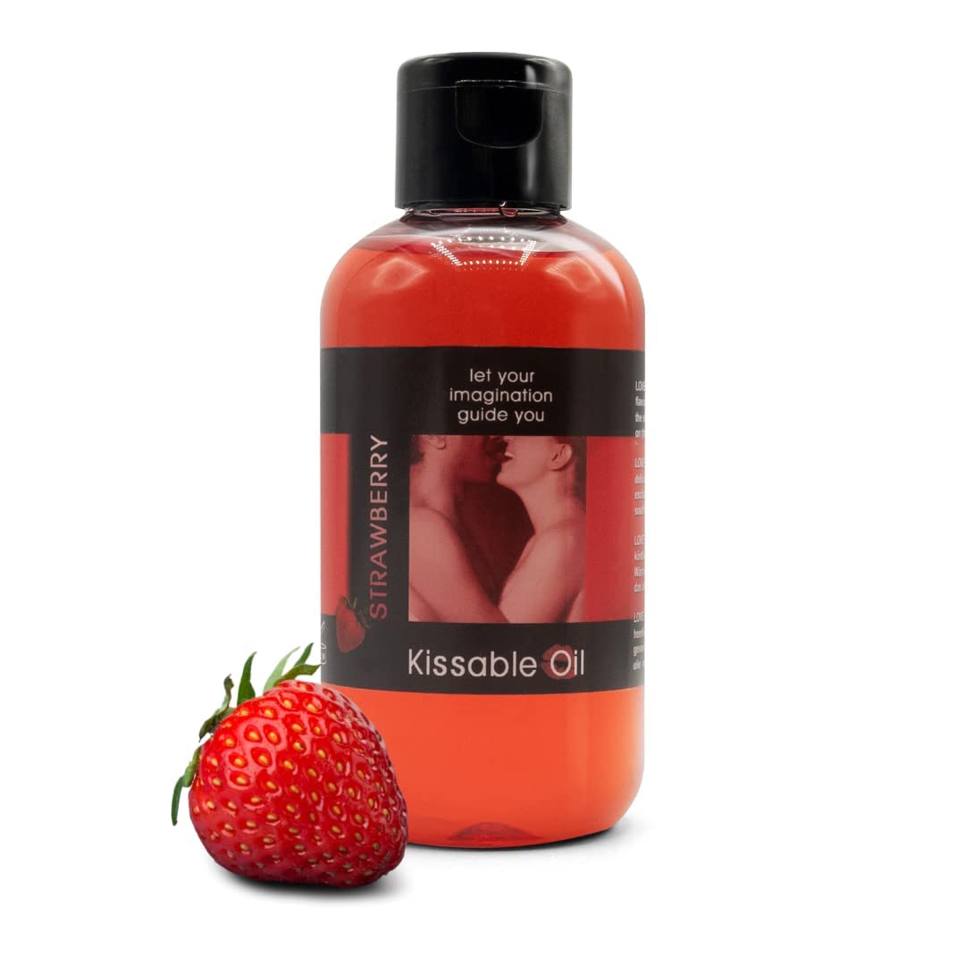 LOVE PLAY Aceite Corporal con Sabor - Aceite Comestible Termico para Hombres y Mujeres - Vegano y Natural (150ml) (Fresa)