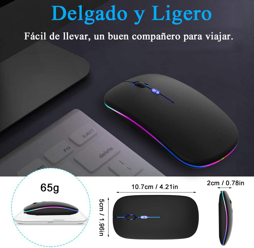 LED Mouse Inalámbrico Recargable, Fotgear Ratón Wireless 2.4G Ergonómico Wireless Ratón óptico Silencioso Click, con Receptor USB Adaptador, Ideal para Ordenadores Portátiles, Dispositivo Inteligentes