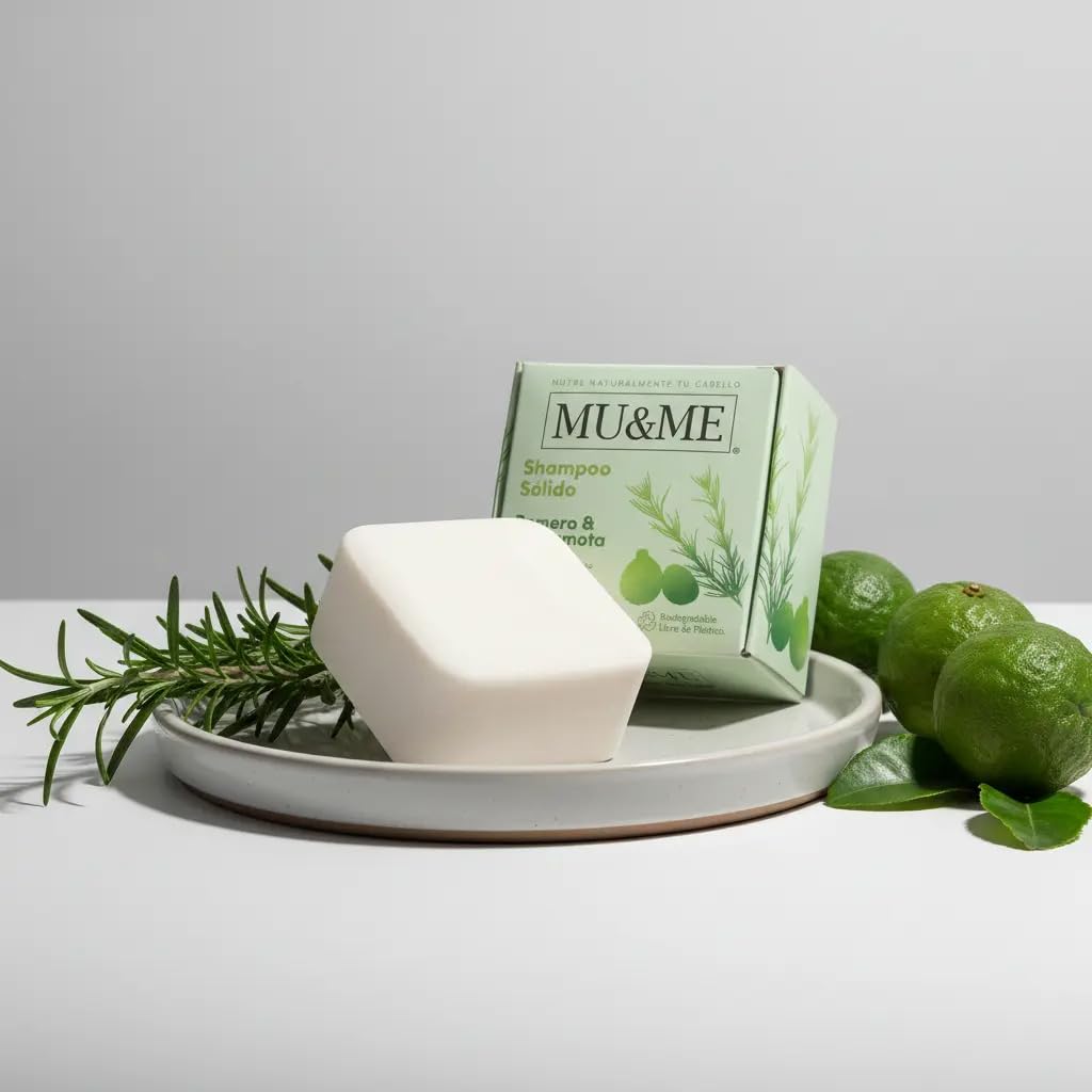 MU&ME Shampoo en Barra para Crecimiento y Control - Shampoo de Romero para el Cabello Natural Hecho en México - Sin Sulfatos ni Parabenos e Hidratante - Biodegradable (Romero & Bergamota) (140gr)