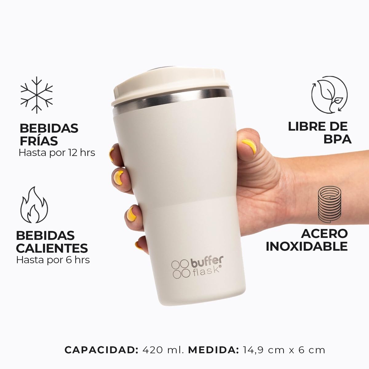 Buffer Flask - Vaso Térmico 420 ml - Termo para Café y Agua de Acero Inoxidable - Tapa Anti Derrame y Fugas - Taza Tumbler Mug para Bebidas Frías y Calientes - Incluye Popote - Color Ivory