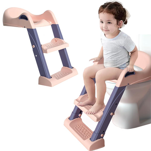 Asiento Entrenador para Inodoro con Escalera Antideslizante, Taburete Plegable Infantil para Taza de Baño, Asiento Entrenamiento para Baño Acolchonado, Fácil de Guardar, Tapizado (Morado)