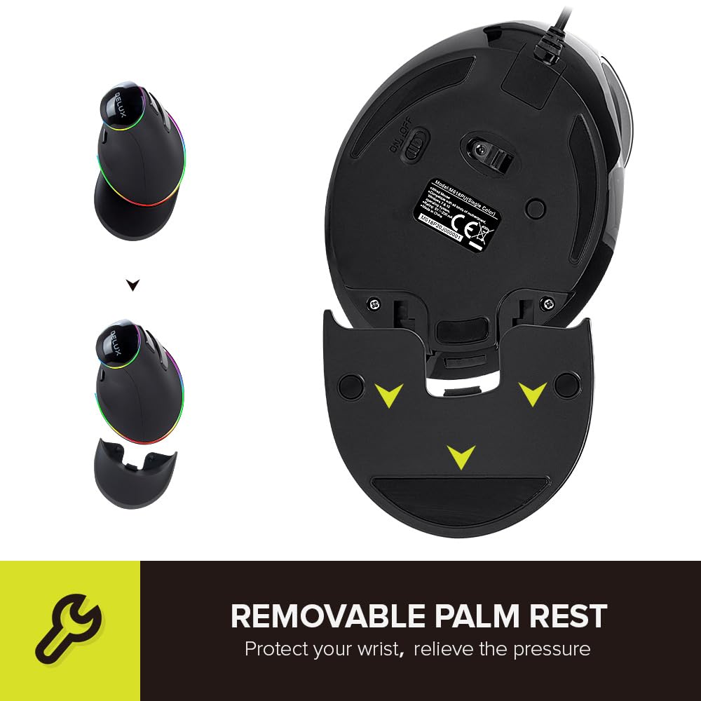 DeLUX mouse ergonómico, mouse vertical RGB grande con cable con 6 botones, reposamuñecas extraíble, 4000DPI y software a bordo que reduce la tensión de la mano, para túnel carpiano (M618Plus RGB-negro)