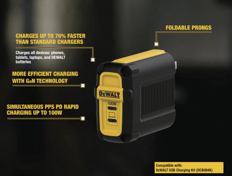 DEWALT 100W USB C Charger Block(GAN), Cargador de Pared Compacto rápido de 2 Puertos para MacBook Pro, MacBook Air, Google Pixelbook, ThinkPad, DELL XPS, iPad Pro, Galaxy S22/S20, iPhone 16/15/14/Pro