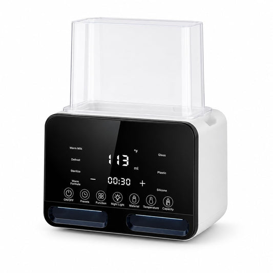 Esterilizador y Calentador de Biberones 6 en 1, Secador de Vapor para Bebé, Capacidad 2 Mamaderas, Pantalla LED Táctil, Control Preciso de Temperatura, Descongelación, Secado, Mantener Calor