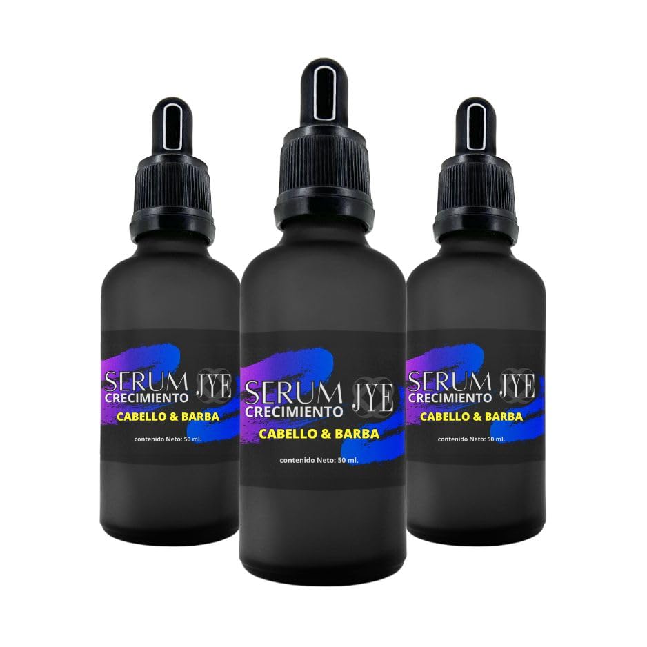 Serum JYE Orgánico para Crecimiento de Barba y Cabello, Kit de 3 Botellas de 50 ml