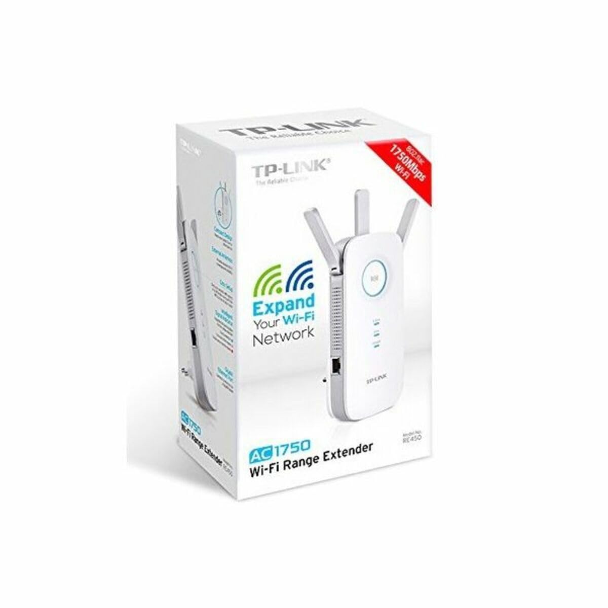 TP-Link RE450 Extensor de Rango de Repetidor WiFi de Banda Dual Universal, 3 Antenas Externas, Puerto Gigabit Ethernet, AC1750, Modo AP Compatible, Blanco