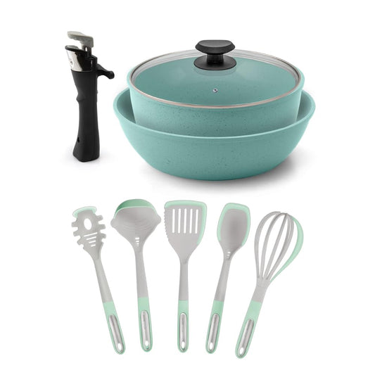 JADECOOK Batería de cocina Jade Smart antiadherente 10 piezas, mango desmontable y utensilios multipropósito con 6 capas de recubrimiento antiadherente 100% libre de tóxicos