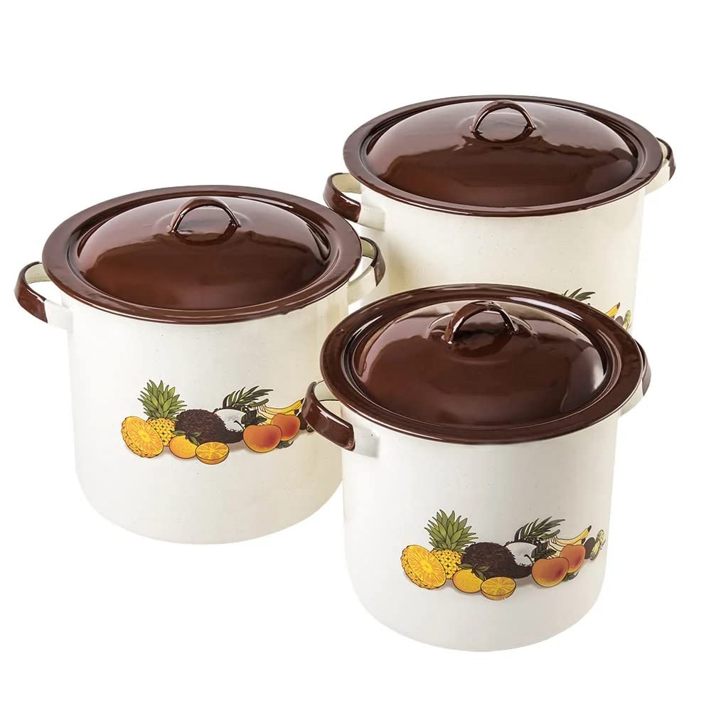 Cinsa Juego de ollas Ideal 6 piezas, Acero Vitrificado, Crema con decorado Frutas Tropicales