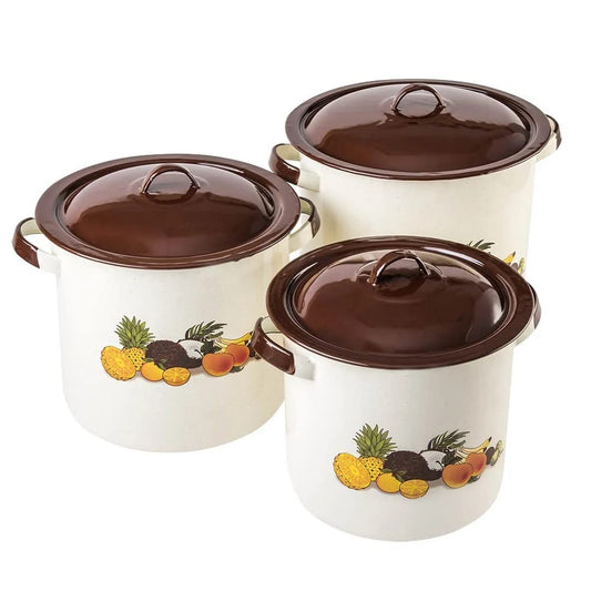 Cinsa Juego de ollas Ideal 6 piezas, Acero Vitrificado, Crema con decorado Frutas Tropicales
