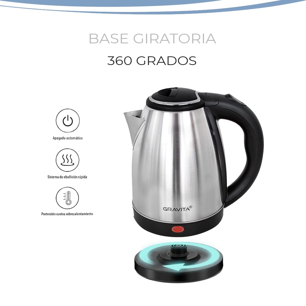 GRAVITA Cafetera Tetera Eléctrica Hervidor de Agua Capacidad 2 Litros, Cuerpo de Acero Inoxidable con Sistema de Ebullición Rápida, Apagado Automático, Potencia 900W.
