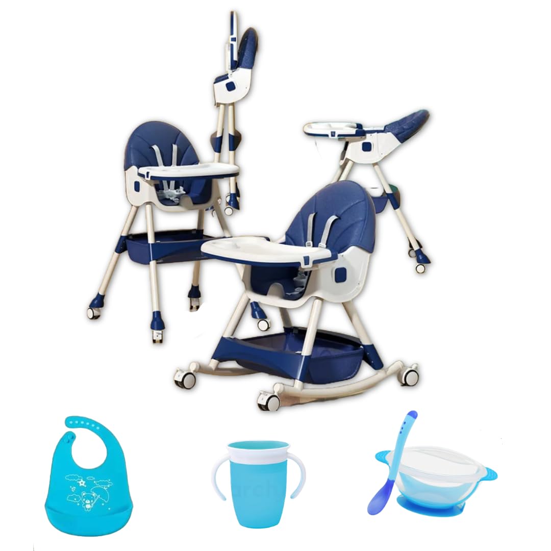 Silla alta para bebe, silla periquera para comer silla para bebe 6 en 1 con babero vaso entrenador y plato de comida, facil de armar, plegable multifuncion (Azul)