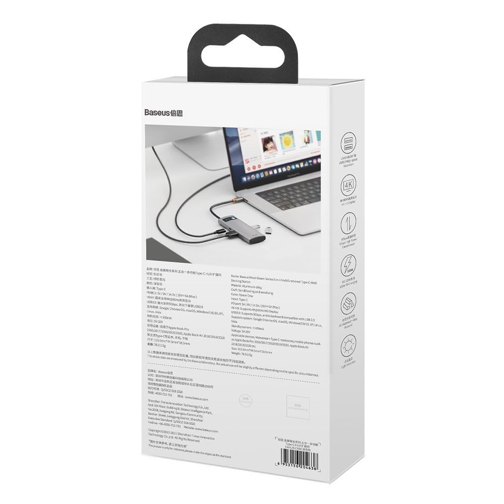 Baseus HUB Adaptador Tipo C Multifuncional 5 en 1 de la Serie Metal Gleam, Gris