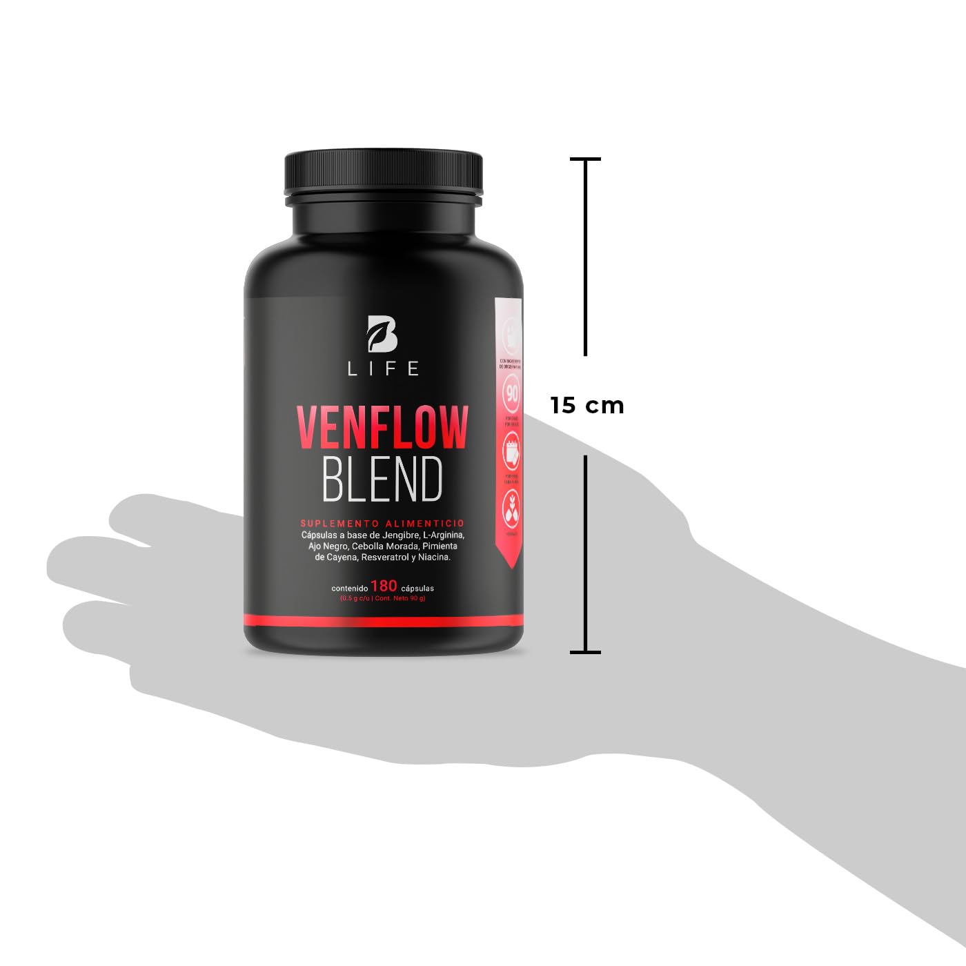 B Life Company Venflow Blend de 180 cápsulas. Ingredientes naturales: Jengibre, Ajo negro, Arginina, Resveratrol, Vitamina B3, Cebolla Morada y Pimienta de Cayena. Venflow Blend.