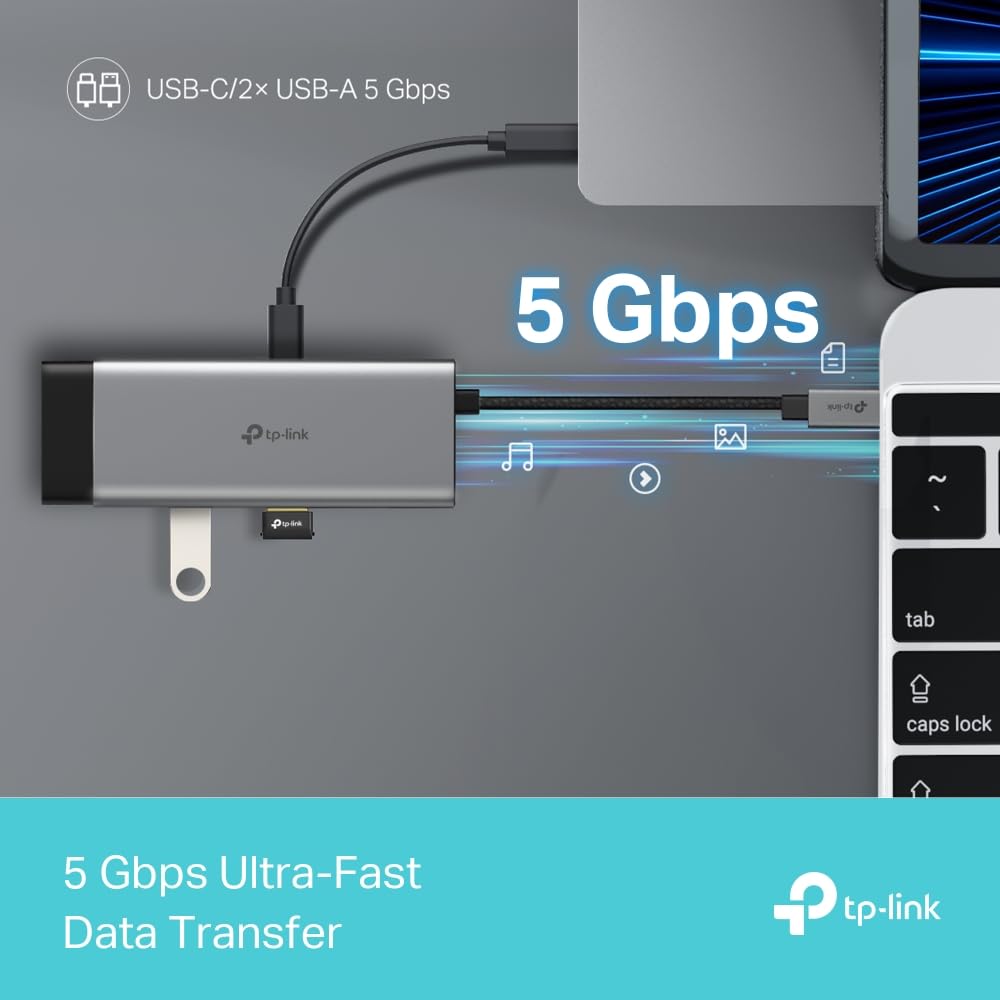 TP-Link Hub USB-C 5 en 1, HDMI 4K 60Hz, Carga Rápida PD 100W, Puertos USB-C 5Gbps y 2× USB-A, Plug & Play, Compatible con MacOS, Windows, Linux, iPadOS, iOS, Android, ChromeOS (UH5020C)