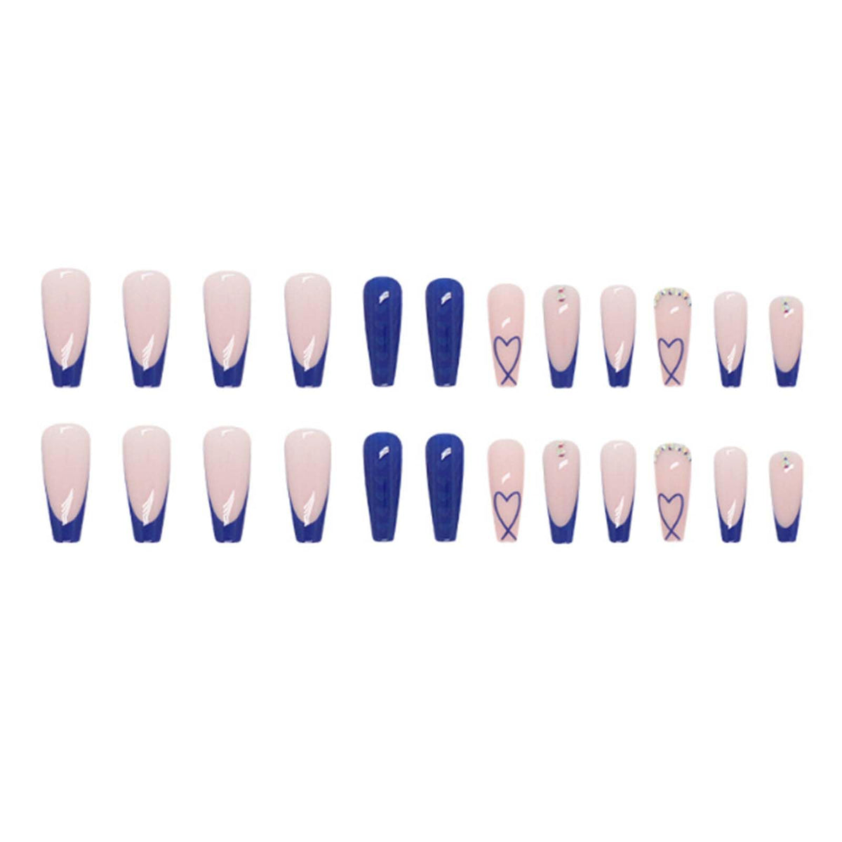 Gifiky Uñas Postizas de Ataúd Largo, Azul Francés, Prensa En Uñas Lindas, Consejos de Uñas Acrílicas Con Diseño de Gemas de Cristal Acrílico, Uñas Postizas para Mujeres y Niñas, 24 Piezas