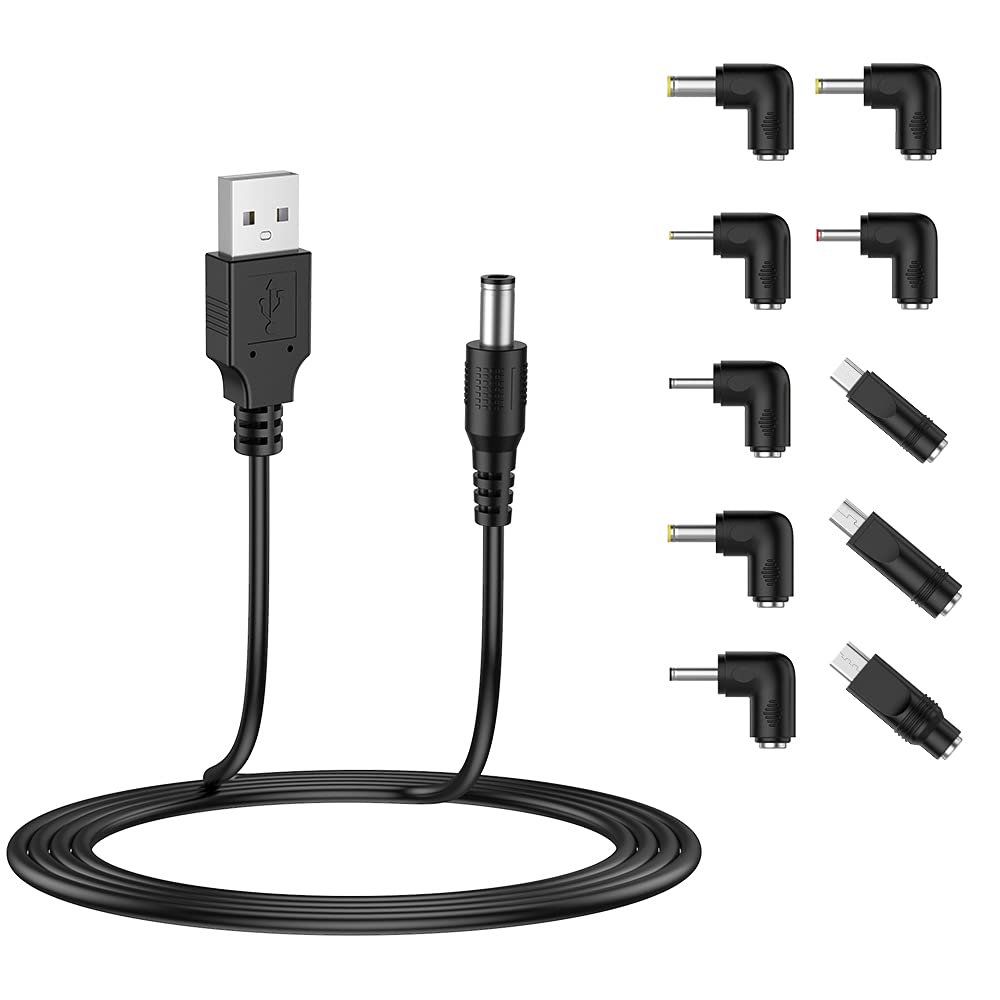 LIANSUM - Cable de alimentación USB a CC de 5 V, cable de carga universal de 5,5 x 2,1 mm con 10 puntas de conector (5,5 x 2,5, 4,8 x 1,7, 4,0 x 1,7, 4,0 x 1,35, 3,0 x 1,1, 2,5 x 0,7, micro USB, tipo