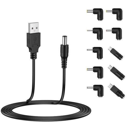 LIANSUM - Cable de alimentación USB a CC de 5 V, cable de carga universal de 5,5 x 2,1 mm con 10 puntas de conector (5,5 x 2,5, 4,8 x 1,7, 4,0 x 1,7, 4,0 x 1,35, 3,0 x 1,1, 2,5 x 0,7, micro USB, tipo