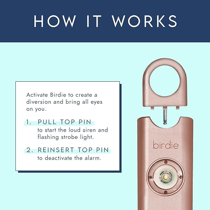 Alarma de Seguridad Personal She’s Birdie Rosa Metálico con Sirena Fuerte y Luz Estroboscópica para Mujer