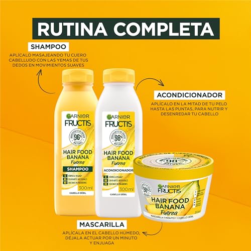 Kit Garnier Fructis Hair Food Banana Rutina Completa Fuerza para cabello débil: Shampoo, acondicionador y mascarilla, 3 piezas