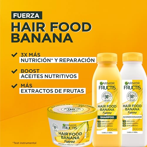 Kit Garnier Fructis Hair Food Banana Rutina Completa Fuerza para cabello débil: Shampoo, acondicionador y mascarilla, 3 piezas