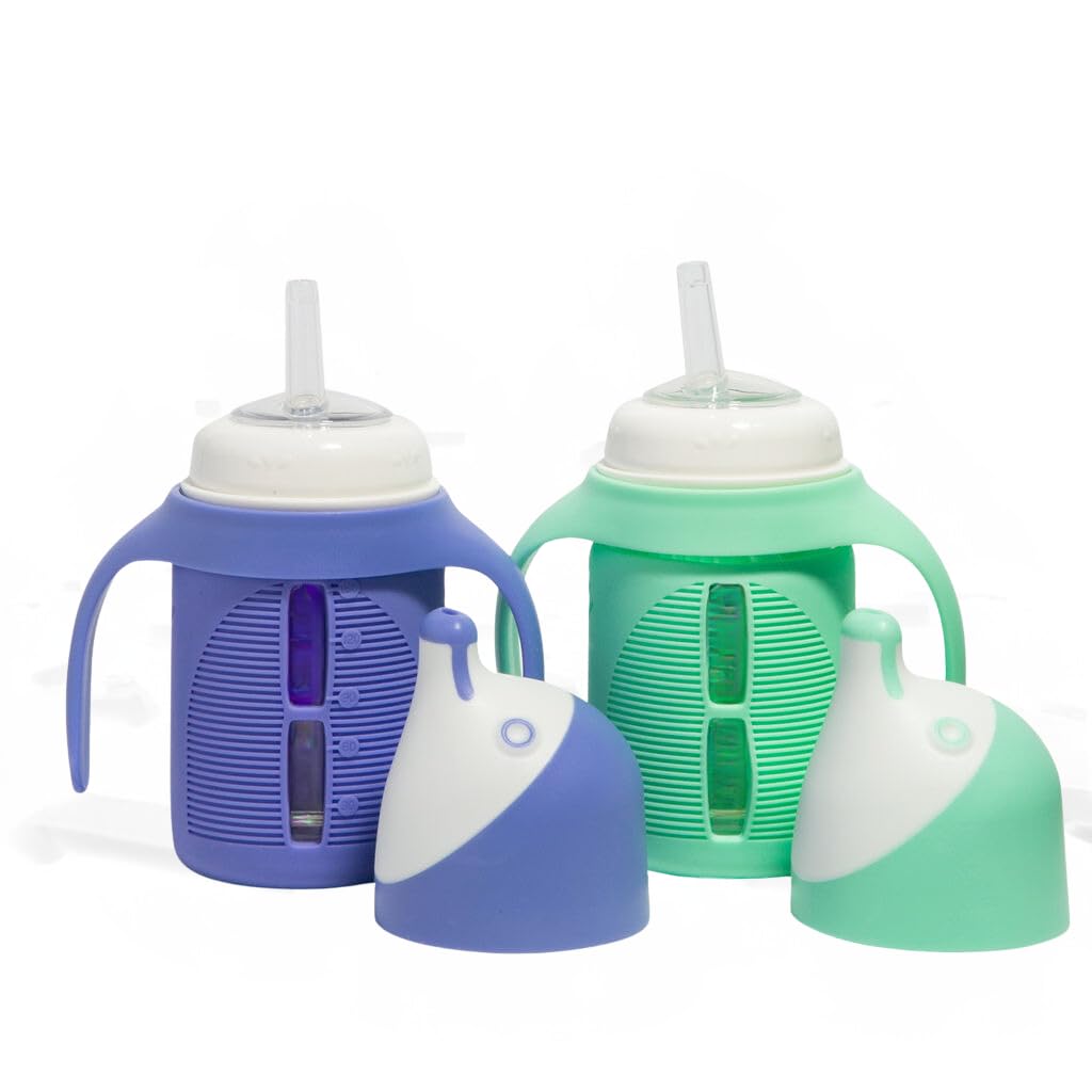 Tabor Place The Minis - Juego de 2 vasos de vidrio para niños pequeños, 5 onzas, a prueba de derrames, popote de silicona, verde menta y morado índigo, líquidos nunca tocan plástico, el mini 2 unidades (paquete de 1)
