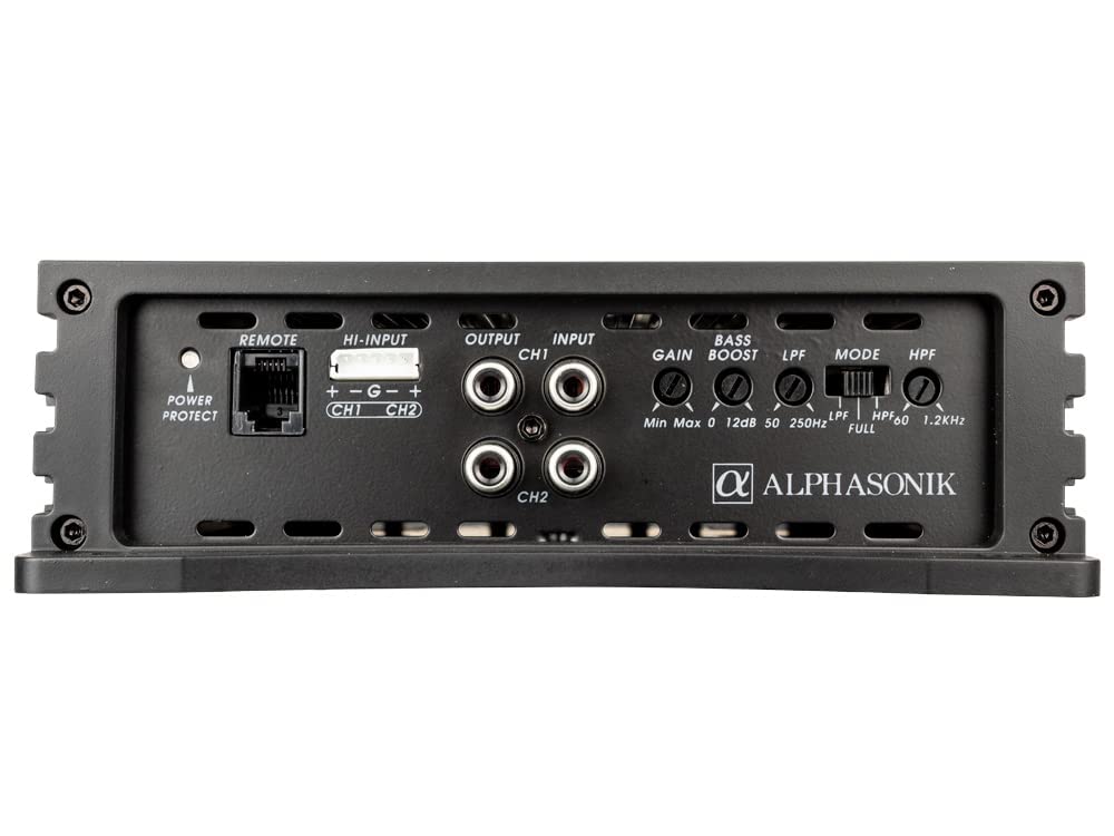 Alphasonik NA1000.2 Neuron Series Amplificador de coche de 1000 vatios máximo de 2 canales con circuito de protección de 4 vías, amplificador de clase A/B, entradas de bajo y alto nivel (perilla de graves remota incluida)