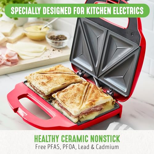 GreenLife Pro - Parrilla eléctrica Panini Press y sandwichera, placas antiadherentes de cerámica saludables, luz indicadora fácil, sin PFAS, rojo