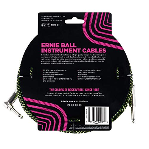 Cable Trenzado para Instrumentos Ernie Ball Negro y Verde 3 m Recto/acodado