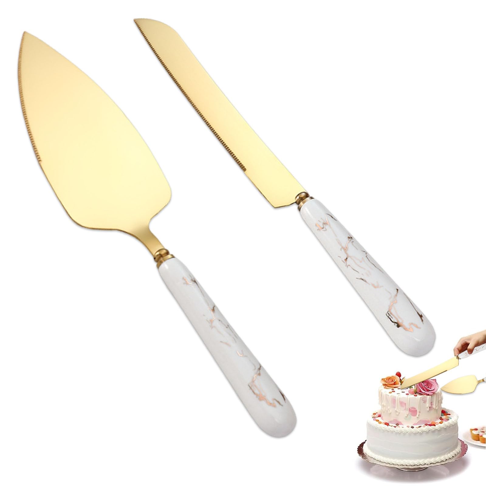 Juego de Pala y Cuchillo para Pastel de Acero Inoxidable Uego Blanco para Bodas y Fiestas