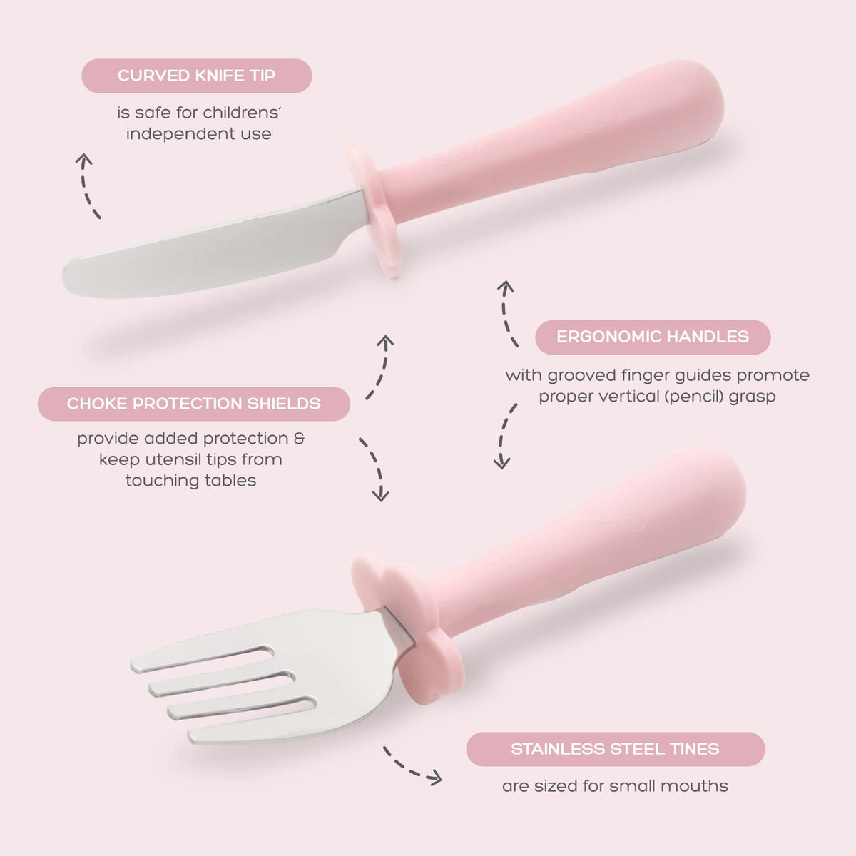 Grabease Juego de utensilios de acero inoxidable de 3 piezas para alimentación independiente: tenedor, cuchara y cuchillo de seguridad para 18 meses en adelante; BPA, PVC, sin plomo ni ftalatos y apto para lavavajillas (rosa rubor)