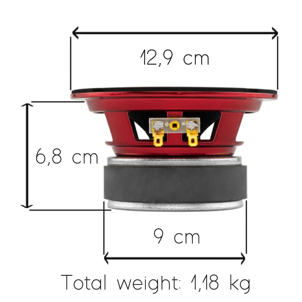 DS18 PRO-X5.4M - Altavoz de 5.25 pulgadas, rango medio, bala de aluminio rojo, 300 W máximo, 150 W RMS, 4 ohmios - Altavoces de puerta de audio de calidad premium para sistema de sonido estéreo de