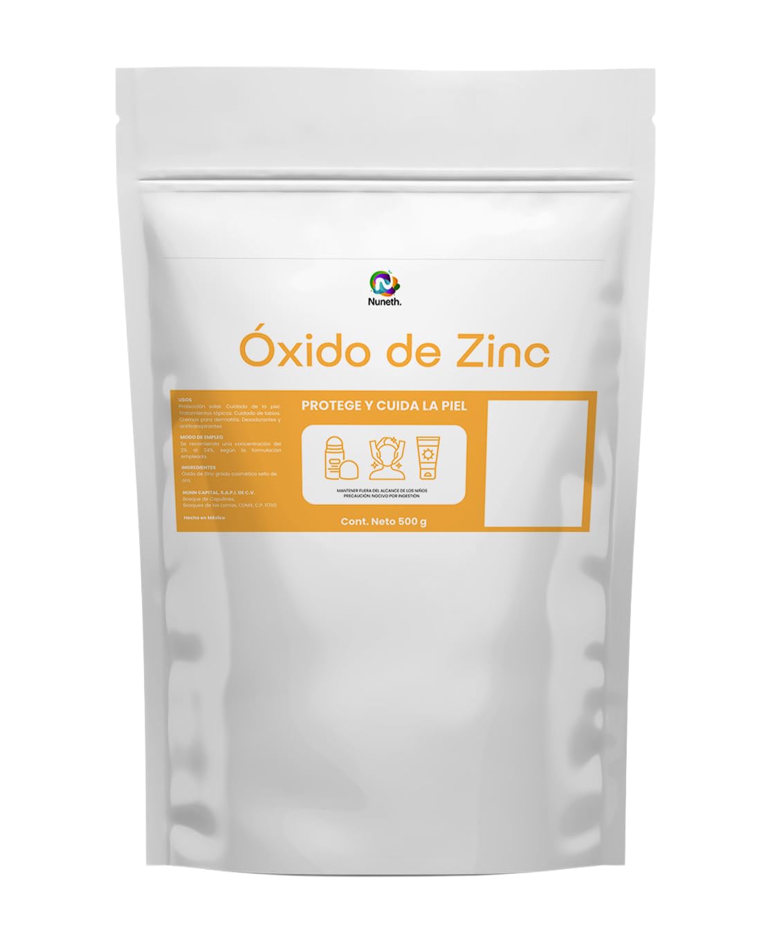 Nuneth- Óxido De Zinc 500 g | Sello De Oro Frances| Uso En Cremas, Protectores Solares Y Pomadas Caseras| Alta Pureza| Grado Cosmético.