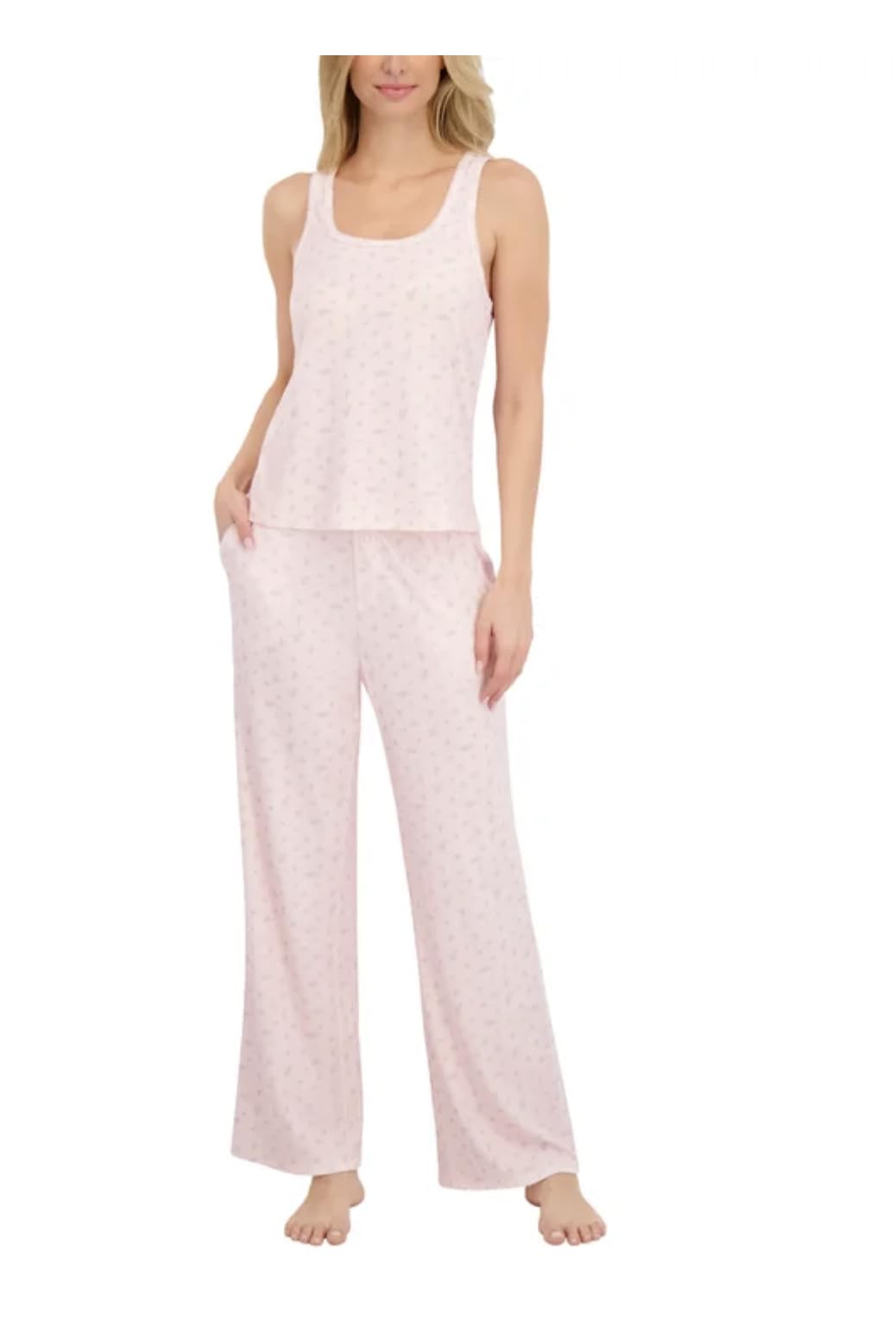 Live2Lounge Conjunto de pijama de tres piezas para mujer con ribete de punto picot, cárdigan, camiseta sin mangas y pantalón (EE. UU., Alpha, Grande, Regular, Regular, Rosa (Floral))