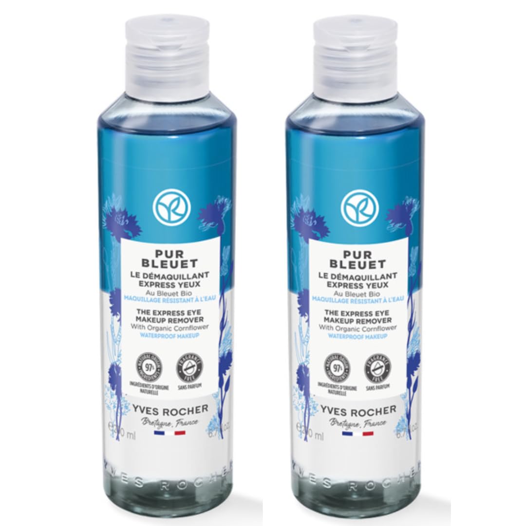 YVES ROCHER 2 PACK Pur Bleuet Desmaquillante Bifásico Para Ojos - Fórmula Bifásica con Aciano Bio - Elimina Maquillaje Waterproof - Respeta PH de la piel - Sin Perfume - (200 Ml C/U)