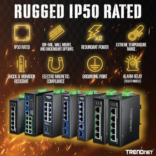 TRENDnet 5-Port Industrial Unmanaged Fast Ethernet DIN-Rail Switch, 5 x Fast Ethernet Ports, IP30, Operating Temperature Range of -40° – 75°C (-40° – 167°F), Lifetime Protection, Black, TI-E50