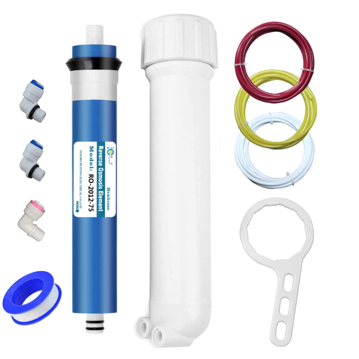 Huining Membrana de ósmosis inversa 50GPD 75GPD 100GPD-1812/2012 Kit de carcasa de membrana RO con conector, válvula de retención, juego completo de llaves para sistema de filtración de agua doméstica (juego 75GPD)