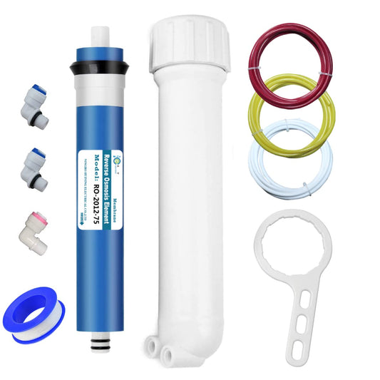 Huining Membrana de ósmosis inversa 50GPD 75GPD 100GPD-1812/2012 Kit de carcasa de membrana RO con conector, válvula de retención, juego completo de llaves para sistema de filtración de agua doméstica (juego 75GPD)