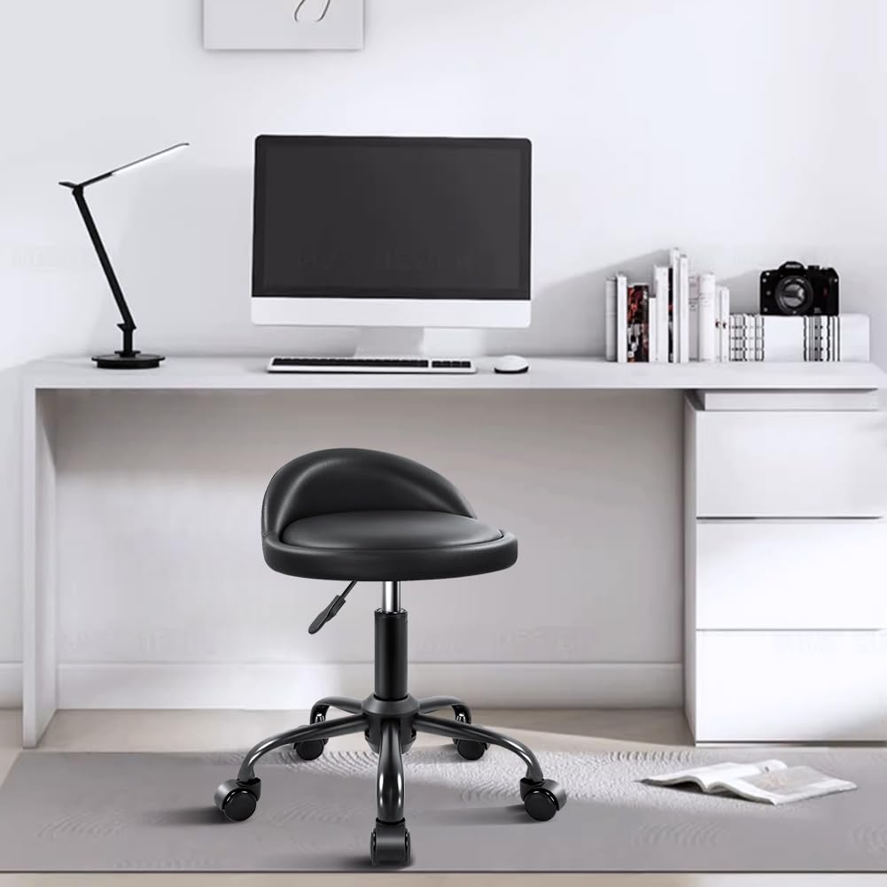 KKTONER - Taburete rodante con respaldo ajustable en altura y silla redonda con ruedas giratorias, para trabajo de dibujo de piel sintética, pequeño (negro)