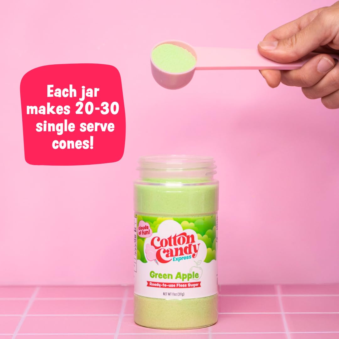 Cotton Candy Express Paquete variado de azúcar de hilo dental con tarros de plástico de 3 a 11 onzas de cereza, frambuesa azul y azúcar de uva más 50 conos de algodón de papel