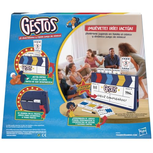 Hasbro Gaming Juego Gestos, él divertidísimo y rápido Juego de mímica, Juego de charadas para Fiestas Familiares para 4 o más Jugadores, Incluye claqueta y Tarjetas Personalizables.