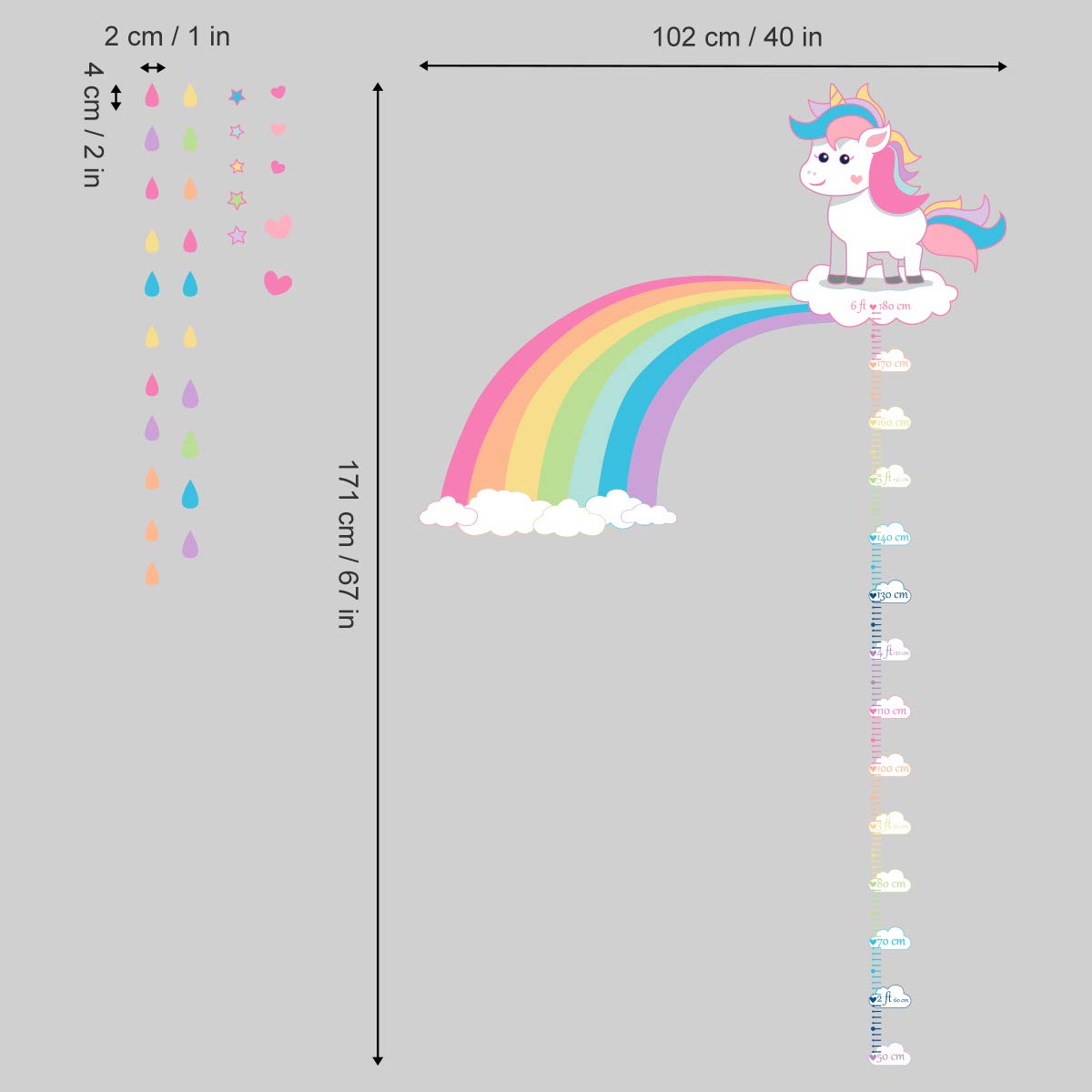 ufengke Altura Pegatinas de Pared Unicornio Arco Iris Vinilos Adhesivas Pared Nube Gota de Agua para Dormitorio Habitación Infantiles Niñas Sala de Estar