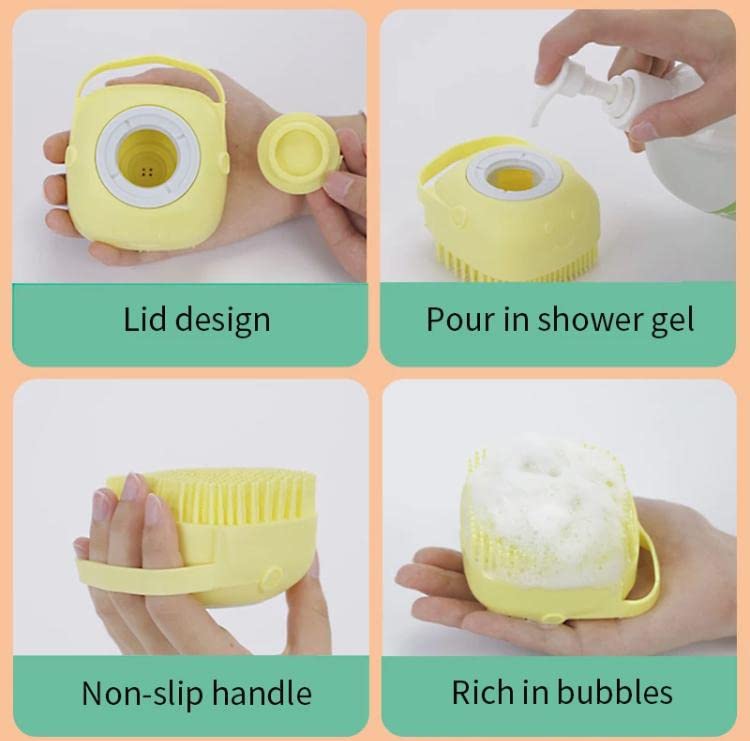Cepillo de baño para perros y gatos, cepillo de champú de silicona suave, cepillo de masaje para mascotas, cepillo de ducha de aseo, cepillo de masaje para cachorros, dispensador de champú. (Yellow)