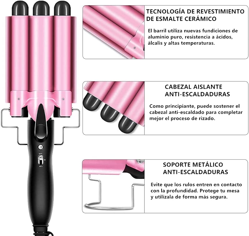 Rizador de Pelo, Ondas Cerámica con Temperatura Ajustable, Triple Tubo Rizador de Cabello de 25mm, Herramienta de Peinado Automático para Mujer Cabello Largo/Corto y Viajero Regalo (Rosado)