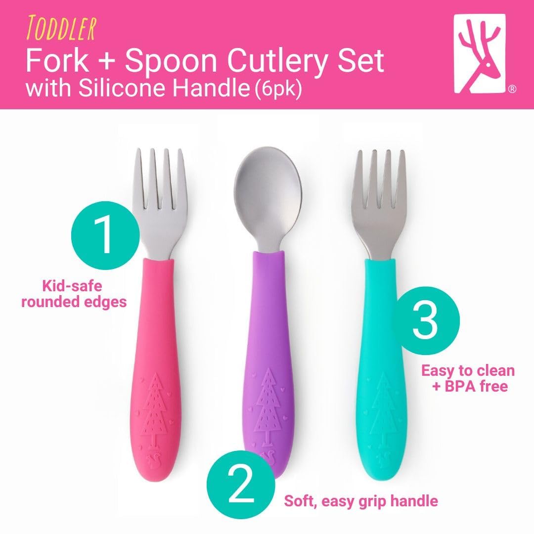 Elk and Friends - Cubiertos seguros para niños | Set de 6 piezas de acero inoxidable con mango de silicona | Cubiertos para niños pequeños | Cucharas de bebé + tenedores