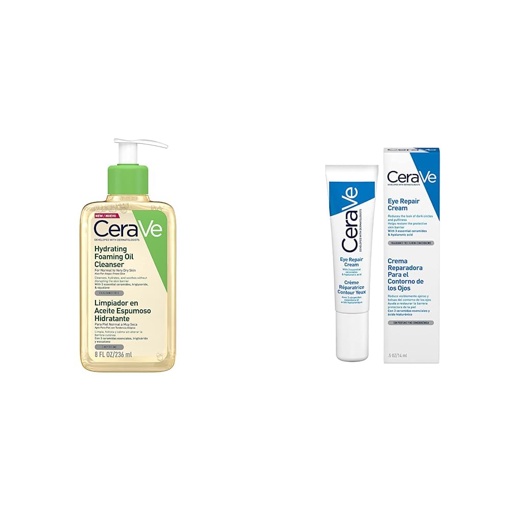 CeraVe Limpiador en Aceite Piel Normal a Muy Seca 236ml + Crema Reparadora para el Contorno de Ojos |14gr| Crema hidratante de ojos para bolsas y ojeras | Libre de fragancia