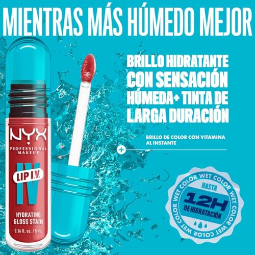 NYX Professional Makeup, LIP IV Gloss Serum Hidratante, Tono: Crnbry Splash. Tinta de Labios hidratante con alto pigmento infusionado con agua de coco y magnesio. Fórmula vegana.