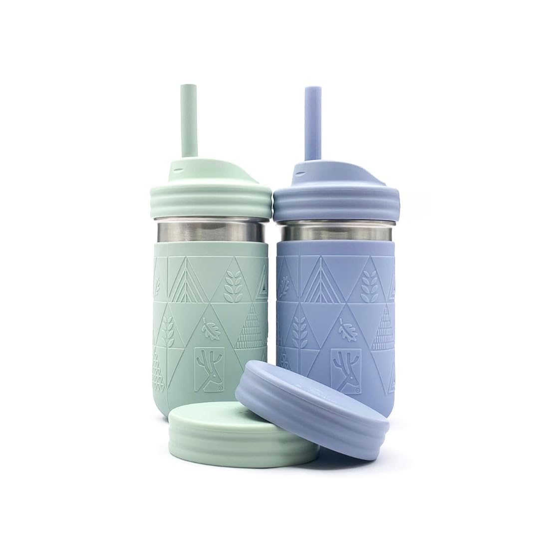 Elk and Friends Tazas de Acero Inoxidable de 14oz para Niños + Bebés | El Tarro de Albañil Original con Mangas + Tapas | Popotes de Silicona | Licuados | Frasco de Almacenamiento | Resistente a
