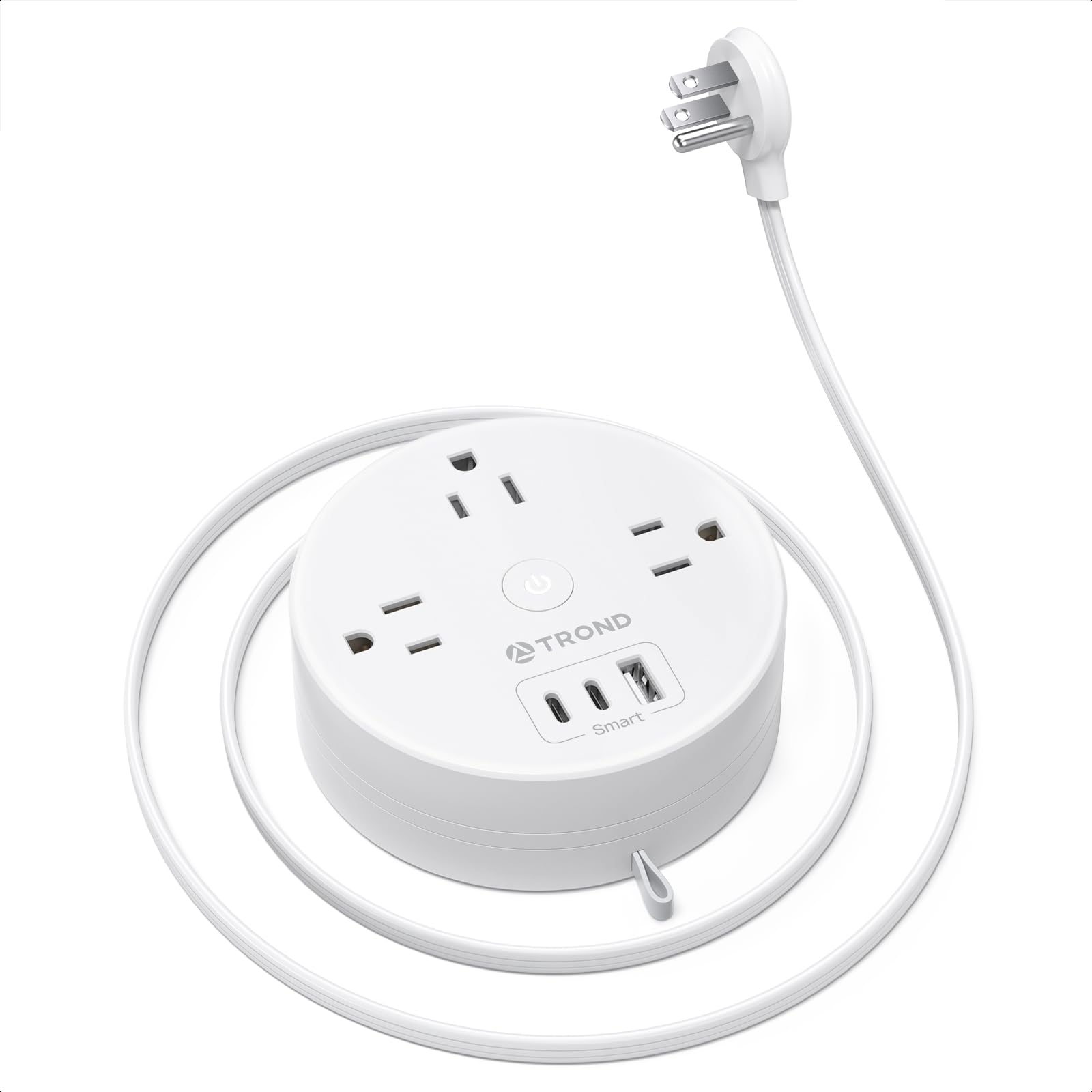 TROND Regleta de Viaje retráctil, Enchufe Plano Ultrafino retráctil, Cable de extensión semirretráctil de 3 m, regleta con 3 Tomas de CA 3 USB (2 USB C), Elementos Esenciales para cruceros