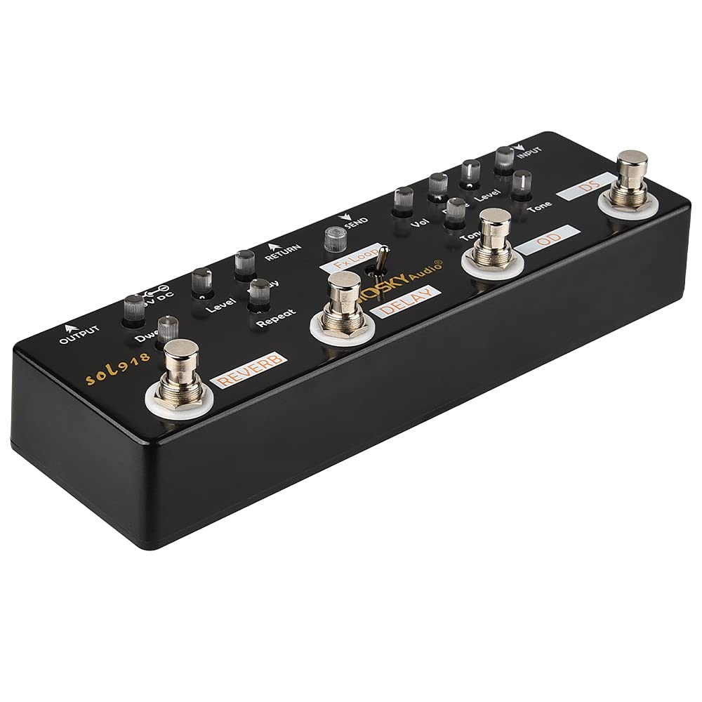Pedal Multiefectos Moskyaudio Negro 5 en 1 con Distorsión, Sobremarcha, Reverberación y Retardo Sol 918